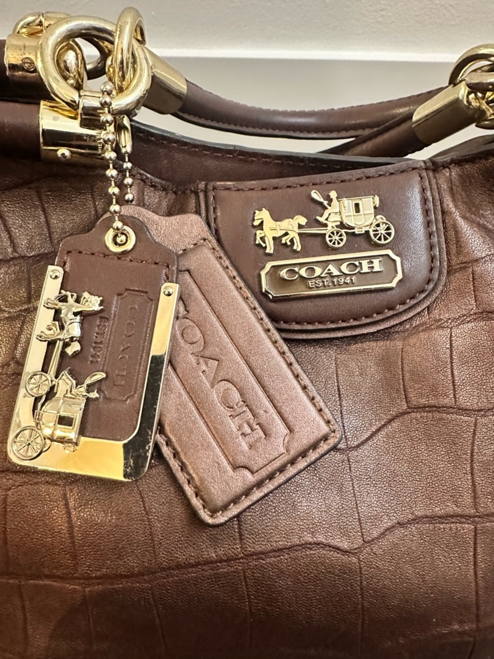 Coach Madison Pinnacle Croc Embossed Satchel Mahogany Brown Gold Hardware Rare - Picture 4 of 13